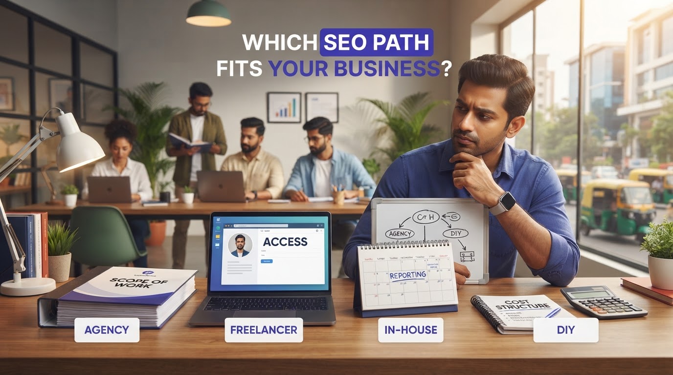 Illustration supporting how to choose seo services: agency, freelancer, in-house, or diy?